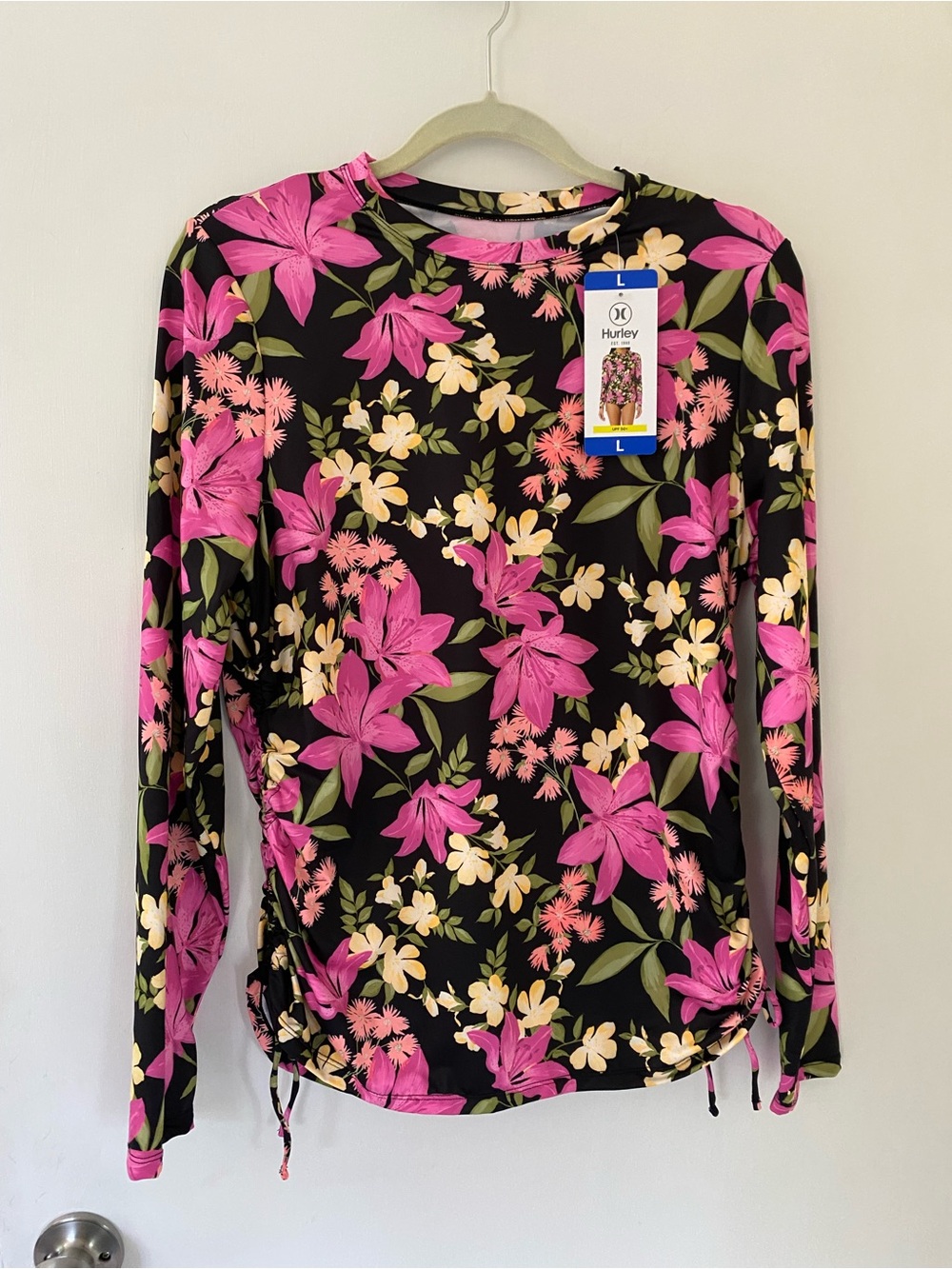 Hurley Tropical Print Rash guard Black & Pink Floral Hawaiian Long Sleeve Large